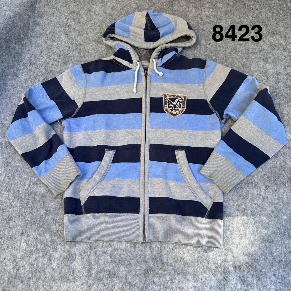 American Eagle AE Mens Striped Zip Up Hoodie Blue Gray New York Crest Sweatshirt
